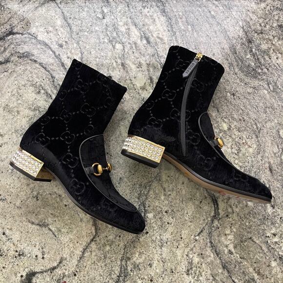 Women Gucci GG monogram horsebit velvet crystal embellished boots-Black-EU 35.5 - Picture 1 of 15